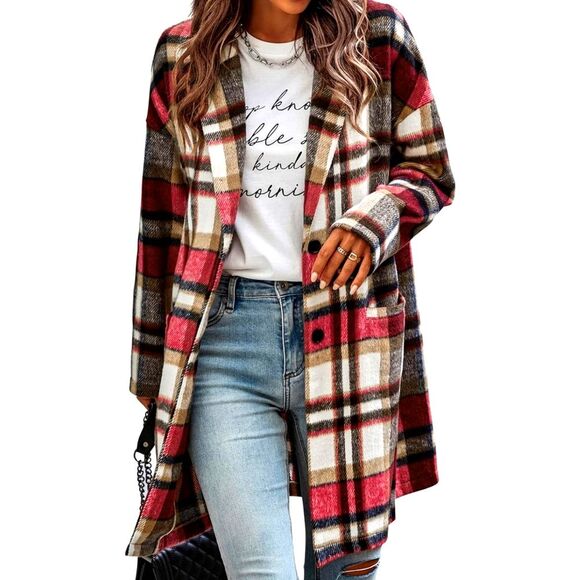 Automet long plaid shacket, button up jacket, flannel, red black cream, M - Picture 4 of 8